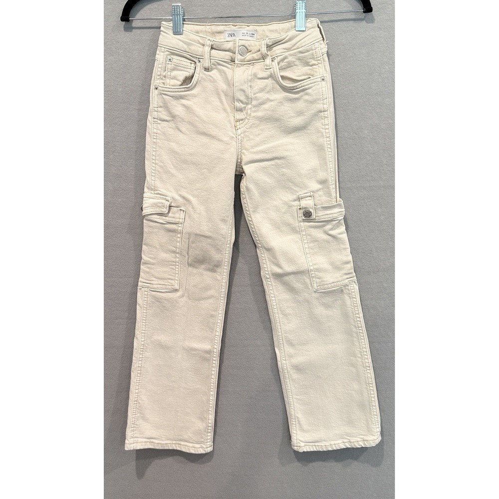 Zara Denim Cargo Pants - Girls Youth Size 9 - Ivory - Adjustable Comfort Waist